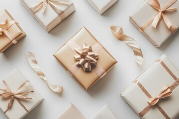 gift boxes luxury presents with elegant wrapping and satin ribbons for festive celebration using golden paper black bows and white packages