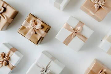 gift boxes luxury presents with elegant wrapping and satin ribbons for festive celebration using golden paper black bows and white packages