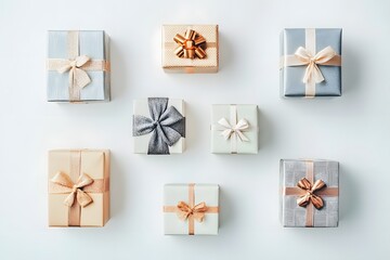 gift boxes luxury presents with elegant wrapping and satin ribbons for festive celebration using golden paper black bows and white packages