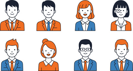 Business people cartoon portraits, diverse professional characters, corporate team illustration, vector art of office workers, multicultural workplace concept, modern flat design business avatars