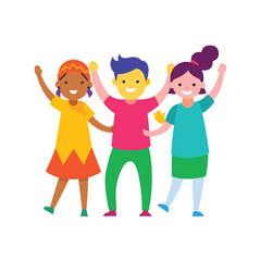 Diverse group of three children with arms raised on white background Keywords: children, kids