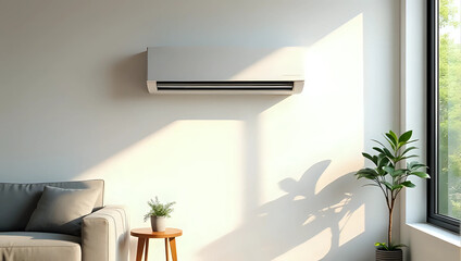 A modern air conditioner installed in bright living room, minimalist interior design with sofa, wooden table, plants - white split system unit provides cool, comfortable climate control concept 