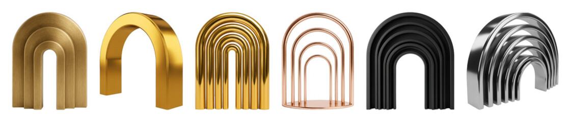 Obraz premium Metallic arch set including gold, silver, copper, and matte black styles isolated. Abstract luxury podiums and architectural design elements.