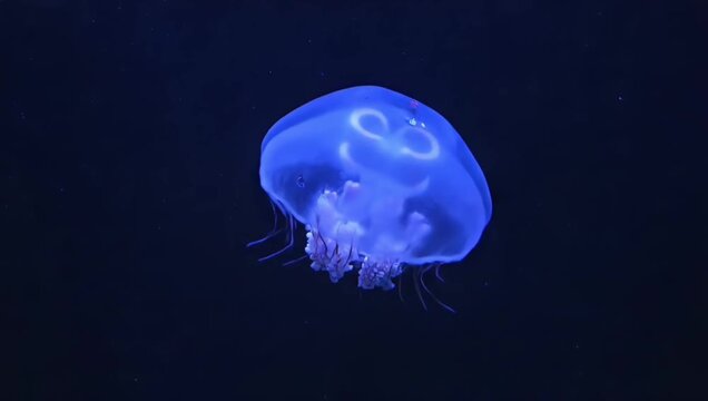 Ethereal blue moon jellyfish gracefully swimming in the dark depths of the ocean, a captivating display of bioluminescent marine life