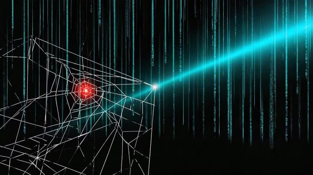 Abstract Digital Web with Glowing Red Center and Matrix Code Background