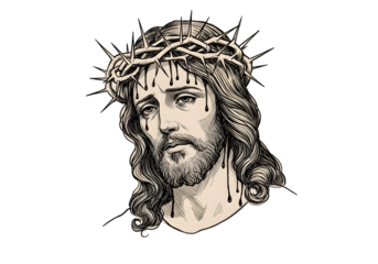 Illustration of Jesus Christ Face Portrait With Crown of Thorns on Transparent Background