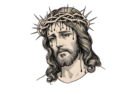 Illustration of Jesus Christ Face Portrait With Crown of Thorns on Transparent Background
