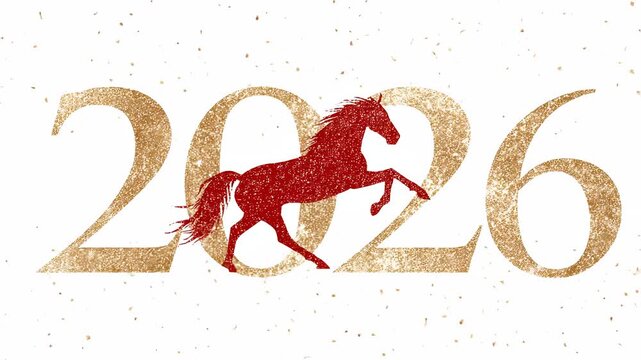 New Year intro with sparkling gold &ldquo;2026&rdquo; numbers and a silhouette of a running red horse on a white background with shimmering particles.