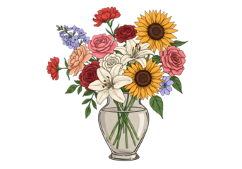 Colorful Floral Bouquet Illustration In Glass Vase On Transparent Background