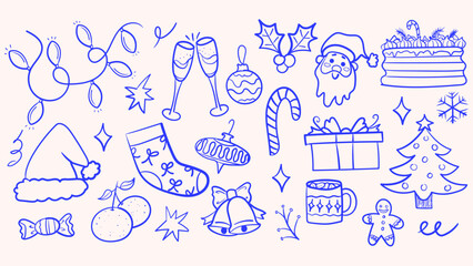 Christmas doodle ink element set. Hand drawn garland, flute, dessert, Santa decoration symbol. Vector illustration.
