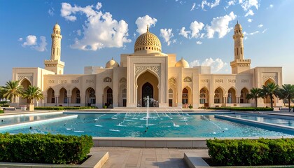 Obraz premium A magnificent mosque complex, showcasing intricate architectural details and serene water features, bathed in the warm sunlight of a clear day.