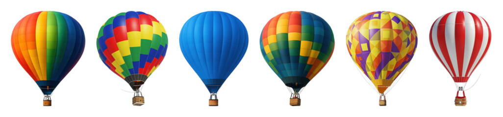 Obraz premium Hot air balloon set including rainbow, checkered, solid blue, striped, and geometric patterns isolated. Adventure and travel collection.