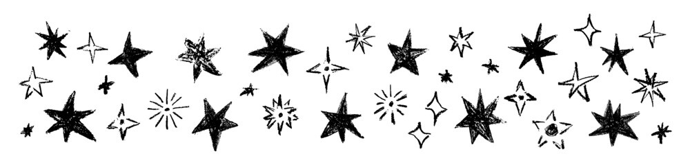 Grunge black stars collection with chalk, charcoal texture. Naive hand drawn scribble wax crayons stars. Doodle decorative design elements Vector illustration isolated on transparent background