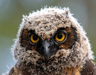 Obraz premium Close-up view of a juvenile great horned owl with a fluffy head of downy feathers, showcasing intense yellow eyes and detailed plumage patterns.