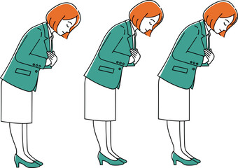 Bowing woman illustration, professional female character in teal blazer and skirt, cultural etiquette concept, respect gesture, vector design, flat style, stock art