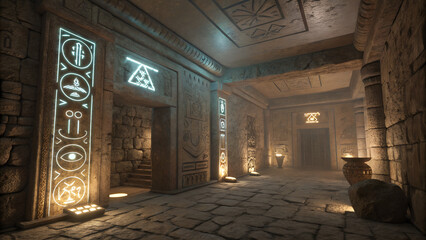 Ancient Temple Gaming Den – Stone-textured walls, carved glyph LED lights