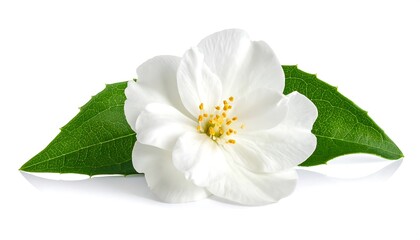 A single, pristine white flower, delicately nestled beside a vibrant green leaf, sits against a plain white background, exuding a tranquil and serene atmosphere.