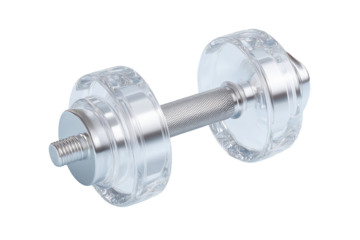 A Single Clear Glass Dumbbell with Textured Ends and Silver Bar  Modern Fitness Equipment PNG no background