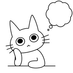 考え事をしている白猫キャラクターのイラスト（吹き出し付き）