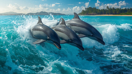 Fototapeta premium group of dolphins jumping in vibrant sea with palm-lined coast and scenic sky