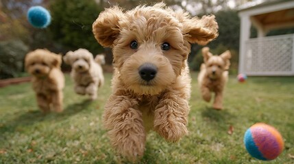 Adorable Goldendoodle puppies playfully running on green grass lawn fetch balls enjoy outdoor spring day, perfect for pet adoption campaigns