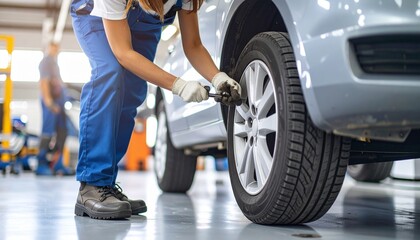 Mechanic working on a car tire in a garage