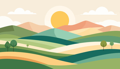 Fototapeta premium Serene countryside scenery with rolling green fields, mountains, and a rising sun in a modern flat art style illustration