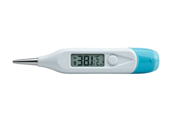 Digital thermometer showing a high fever temperature on display isolated on black background