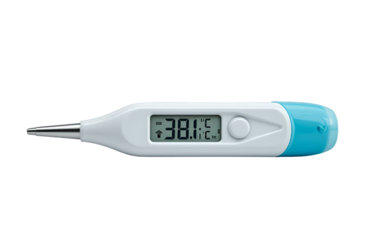 Digital thermometer showing a high fever temperature on display isolated on black background