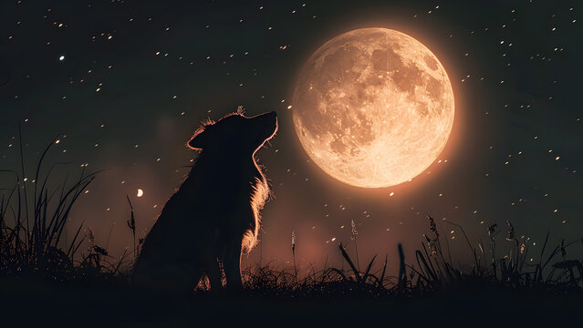 Cute puppy silhouette under glowing full moon, night background