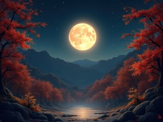 Mid-Autumn Festival background. Beautiful illustration of night nature with full moon in the sky.
