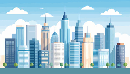 Fototapeta premium Urban cityscape background featuring a collection of modern architectural skyscrapers in a clean, flat vector art style