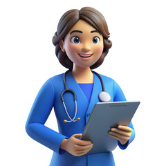 3d cartoon nurse holding clipboard isolated on transparent background