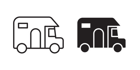 Camper van icon. Vector illustration with stroke and fill on a white background.