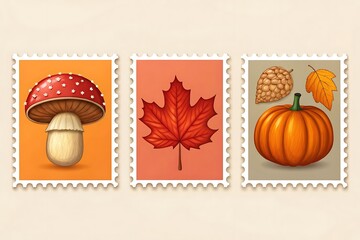Set of three autumn themed postage stamps featuring mushroom maple leaf and pumpkin designs