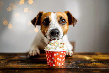 Puppuccino, a special drink for dogs - a portion of whipped cream in a small cup. A dog enjoys a dessert with whipped cream