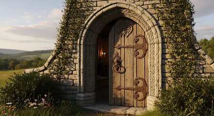 Fototapeta premium Ancient Stone Archway with Ornate Wooden Door, Ivy Vines, and Scenic View