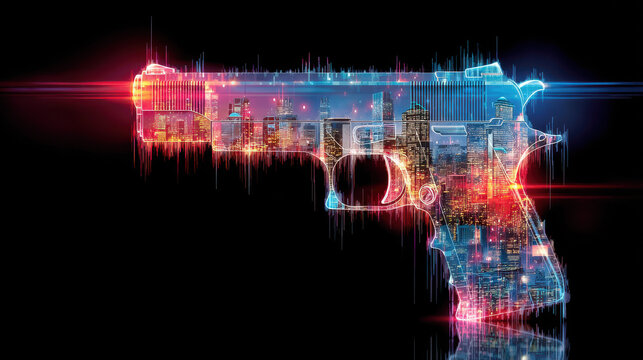 Urban crime visualization depicting a city skyline within a firearm graphic at night with neon color highlights