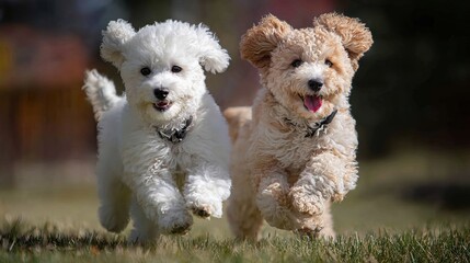 Adorable puppies joyfully racing across sunlit grass, bringing playful energy to pet product ads and heartwarming family content