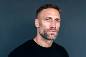 Fototapeta premium Studio portrait of confident middle-aged man in black sweater against dark blue background, professional headshot 