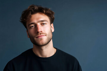 Fototapeta premium Studio portrait of confident middle-aged man in black sweater against dark blue background, professional headshot 