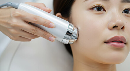 A Korean woman lying on a dermatology bed receiving skin care using a beauty device.