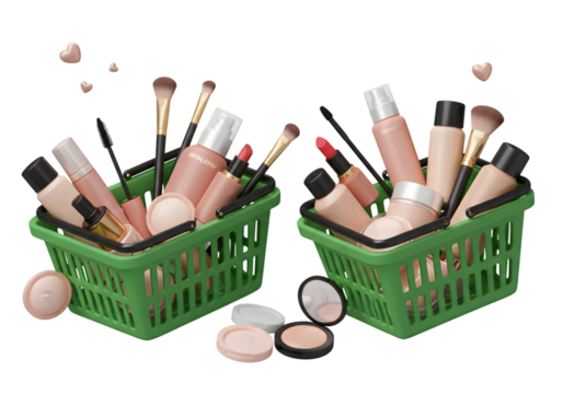 Illustration of Makeup Products in Green Shopping Baskets with Pink Accents on Transparent Background - Powered by Adobe