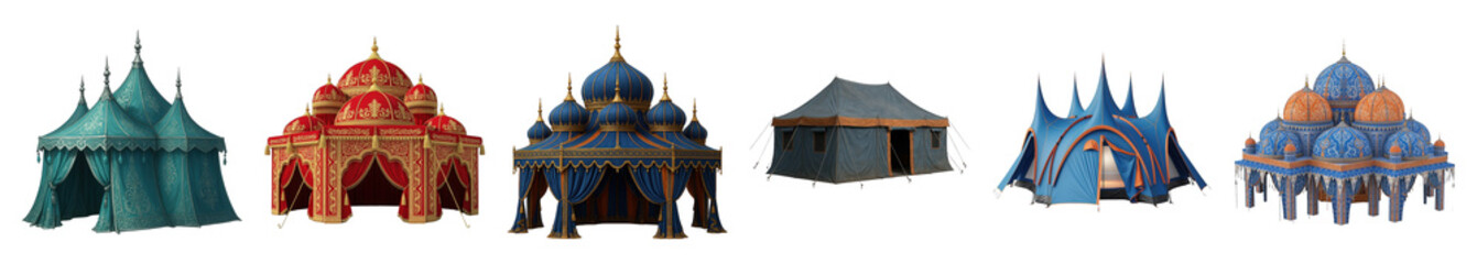 Obraz premium Ornate tent set including various colorful, domed, and spired styles isolated. Festival, event, and fantasy collection.