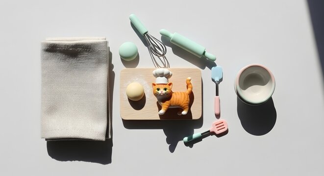 Adorable orange cat figurine wearing tiny chef hat on cutting board with dough ball, whisk, spatula, rolling pin and baking tools arranged neatly on white table in playful culinary scene - Powered by Adobe