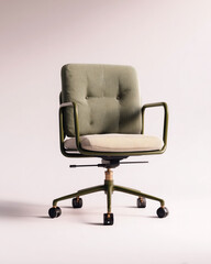 Obraz premium Modern green office chair with wheels and beige cushion, minimalist studio background, ergonomic workspace furniture 