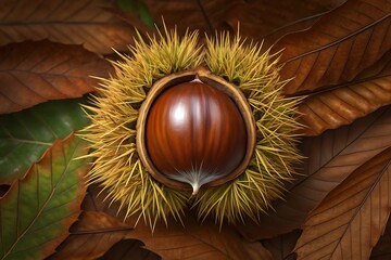 Close-up view of a ripe chestnut in its spiky husk surrounded by autumn leaves