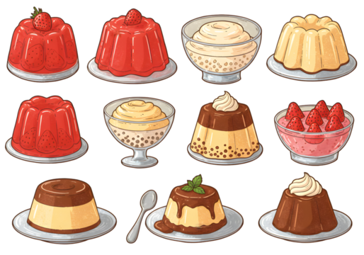 Colorful pixel art dessert collection on transparent isolated background