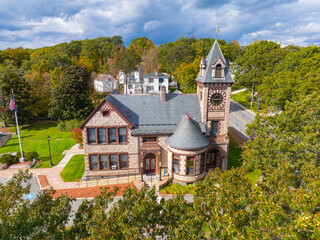 Princeton Public Library aerial view in Goodnow Memorial Building in historic town center of Princeton, Massachusetts MA, USA. 