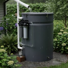 Obraz premium Medium shot of a modern cistern with secure lid and filtration system in a backyard demonstrating sustainable water storage during rainy conditions